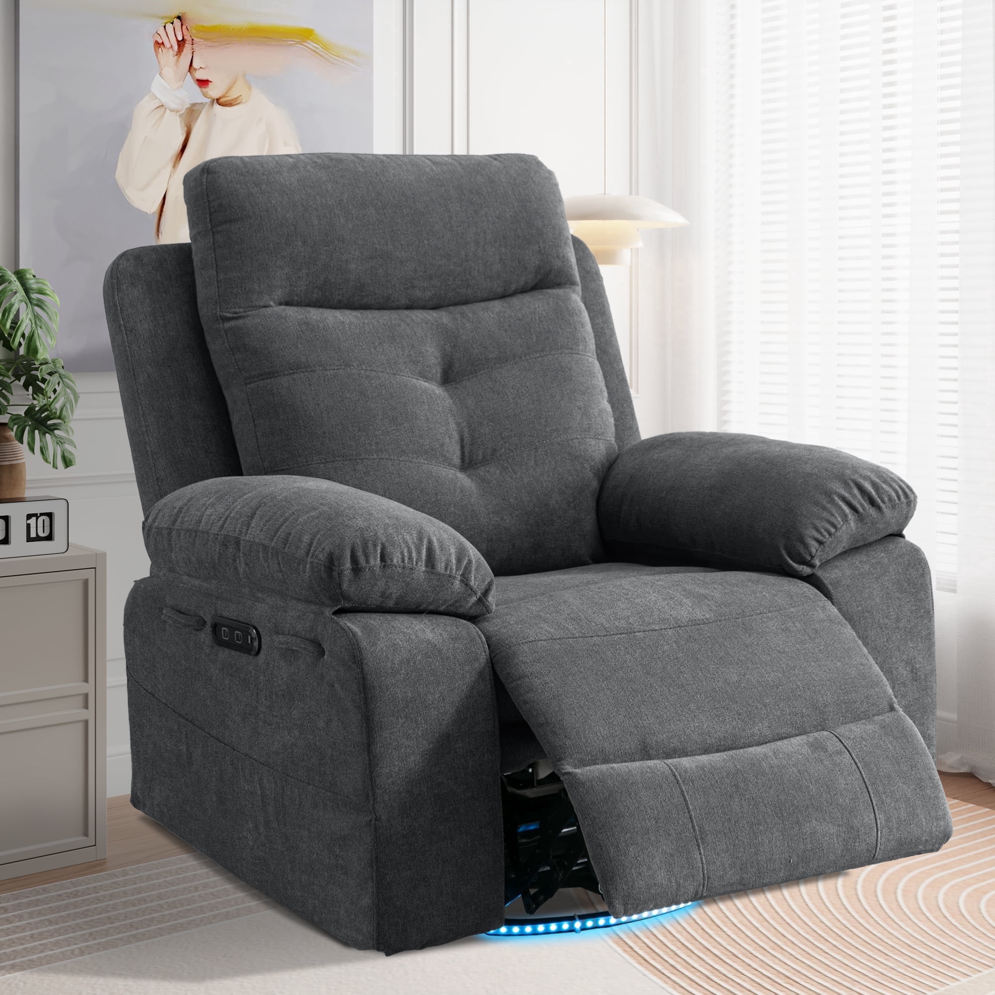 Power Recliner Chair with Bluetooth Speakers & 270° Swivel, Ergonomic Reclining Sofa w/ LED Lights, USB + Type-C Ports, Pockets for Back Pain Relief, Ideal for Elderly & Adults, Reading Bedroom, Grey