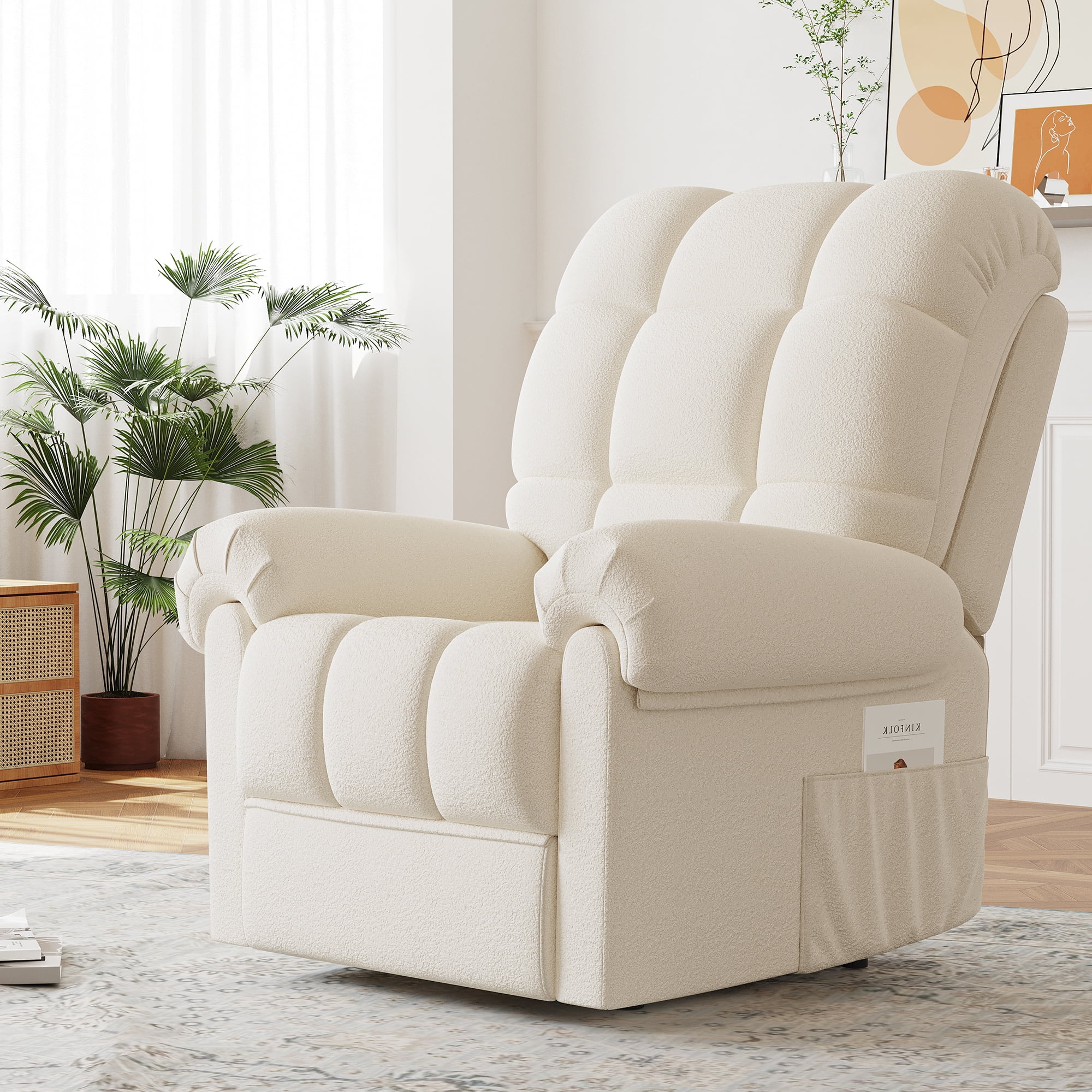 Power Recliner Chair Electric Recline Sofa Chair for Adults with USB Port Comfy Teddy Fleece Adjustable Cloud Sofa Tool Free Setup Beige White
