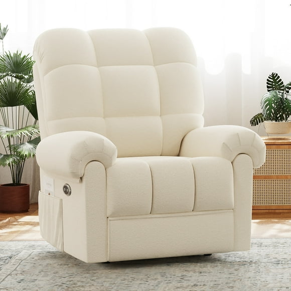 Power Recliner Chair,Electric Recline Sofa Chair for Adults with USB Port,Comfy Teddy Fleece Adjustable Cloud Sofa,Tool-Free Setup,Beige White