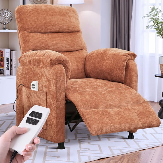 Power Recliner Chair, Holaki Electric Power Recliner with Side Pocket and Remote, Modern Chenille Fabric Recliner Chairs for Adults, Small Recliner for Small Space Nursery Living Room, Orange