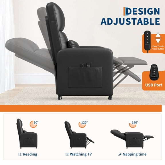 Power Recliner Chair for Living Room Electric PU Leather Adjustable Reclining Chair with Lumbar Support Home Theater Seating Side Pockets & USB Port, Comfortable Armchair for Small Spaces