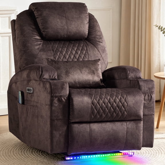 Power Recliner Chair with Massage and Heat, Electric Reclining Sofa for Adults Home Theater Seating with LED Light, USB Ports, Cup Holders, Faux Leather for Living Room