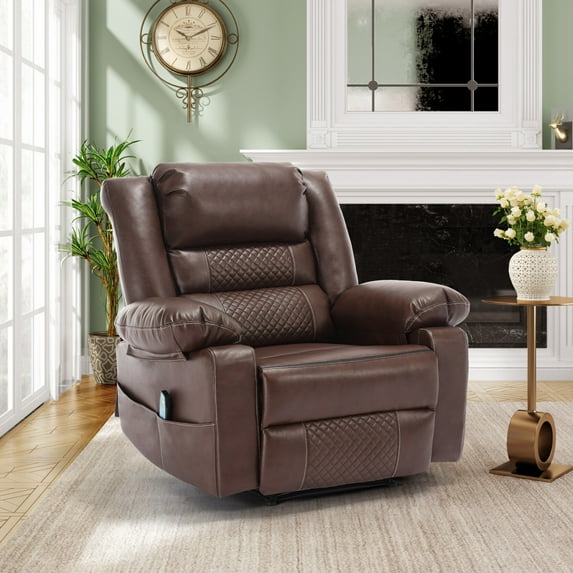 Power Recliner Chair with Massage & Heating, Leather Single Sofa with Side Pockets for Theater, Bedroom, Living Room, Heavy Duty Reclining Mechanism Massage Chair, Brown