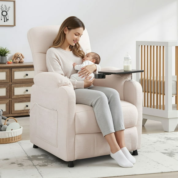 Power Recliner Chair, Nursery Recliner Chair with Swivel Tray Table & Cup Holder, Modern Chenille Fabric Electric Recliner with Side Pocket & Remote for Living Room Small Space, White