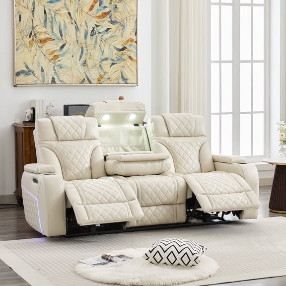 Power Recliner Chair Sofa for Living Room, Faux Leather Electric Home Theater Seating Reclining Sofa Couch with Flipped Middle Backrest,LED Light,USB Port,Cup Holder,Hidden Arm Storage