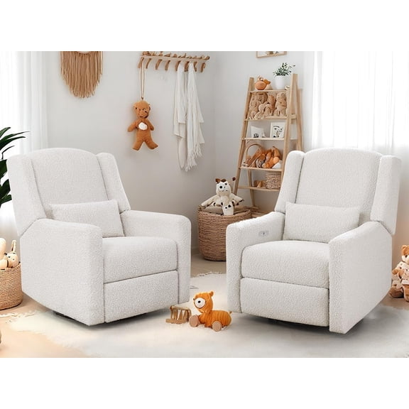 Power Recliner Chair Swivel Glider, Large Rocker Recliner w/USB Charging Port, Boucle Upholstered Swivel Rocker Glider Recliner for Nursery,Bedroom,Living Room, 1PC, Cream