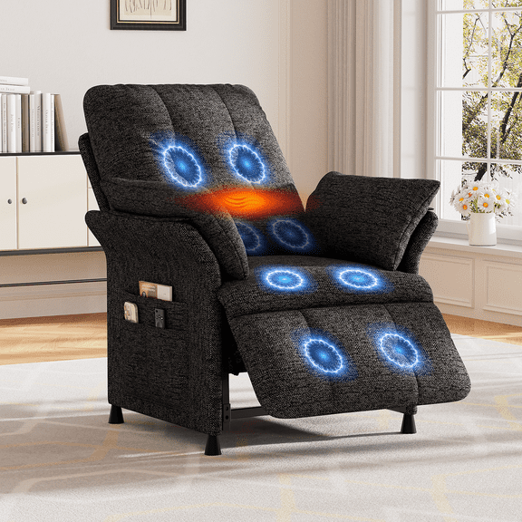 Power Recliner Chair for Adults with Heat & Vibration Massage, Single Sofa with Side Pocket for Living Room, Linen, Dark Grey
