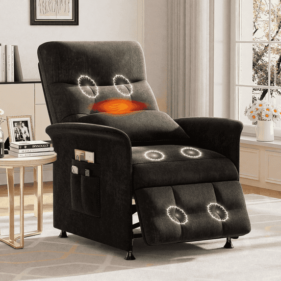 Power Recliner Chair with Heated & Massage, Adjustable Electric Lazy Boy Reclining Chair with Lumbar Support Pillow, Soft Fabric, Black