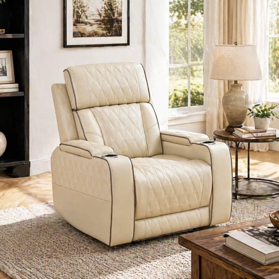 Power Recliner Chair with LED Lights & USB Charging Port,Ergonomic Reclining Sofa Couch,Leather Home Theater for Living Room,Khaki