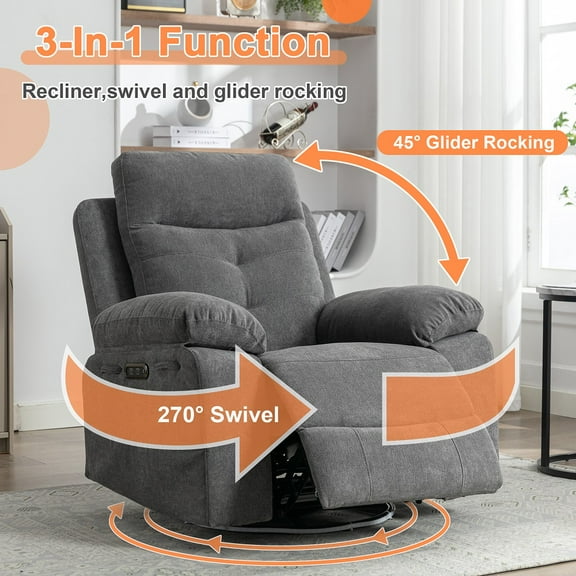 Power Recliner Glider Chair With Bluetooth Speaker 270 Degree Swivel With LED Light Side Arm With Storage Pockets USB+Type C Charging Port Button Control Retractable Footrest Adjustable Backrest DG