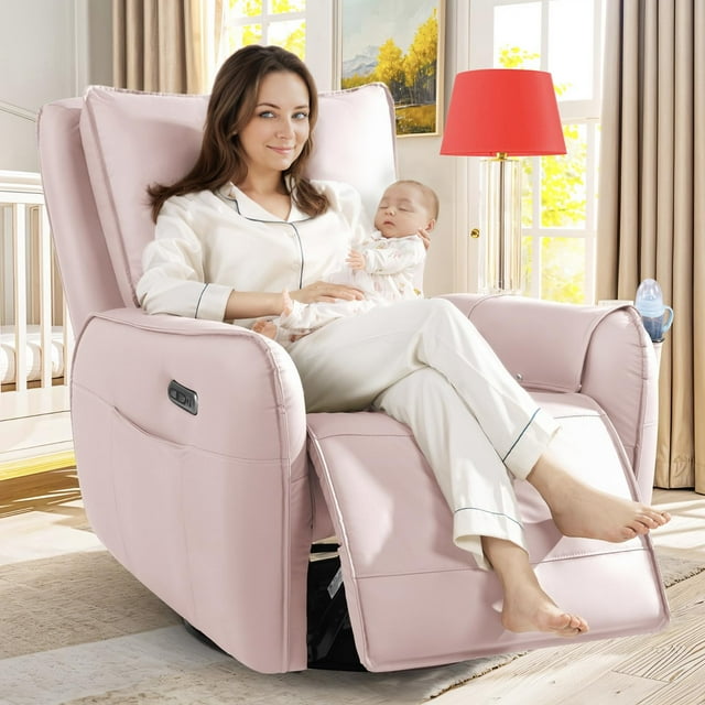 Power Recliner Glider for Nursery, Electric Swivel Rocker Leather Recliner Chair with Lumbar ...