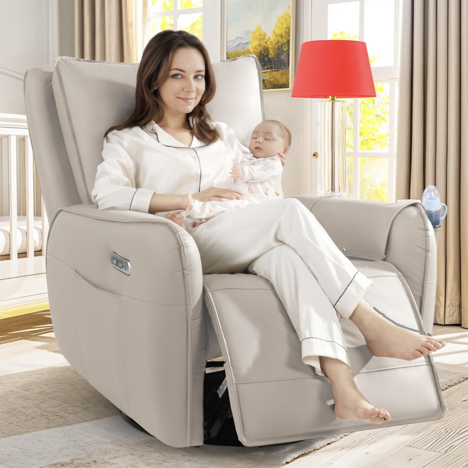 Power Recliner Glider for Nursery, Electric Swivel Rocker Leather
