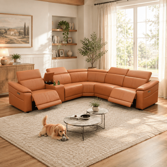 Power Recliner, Light Brown Reclining Sectional Sofa with USB Ports, 5-Seater Leather Reclining Couch with Console and Cup Holder for Living Room/Apartment/Home Office