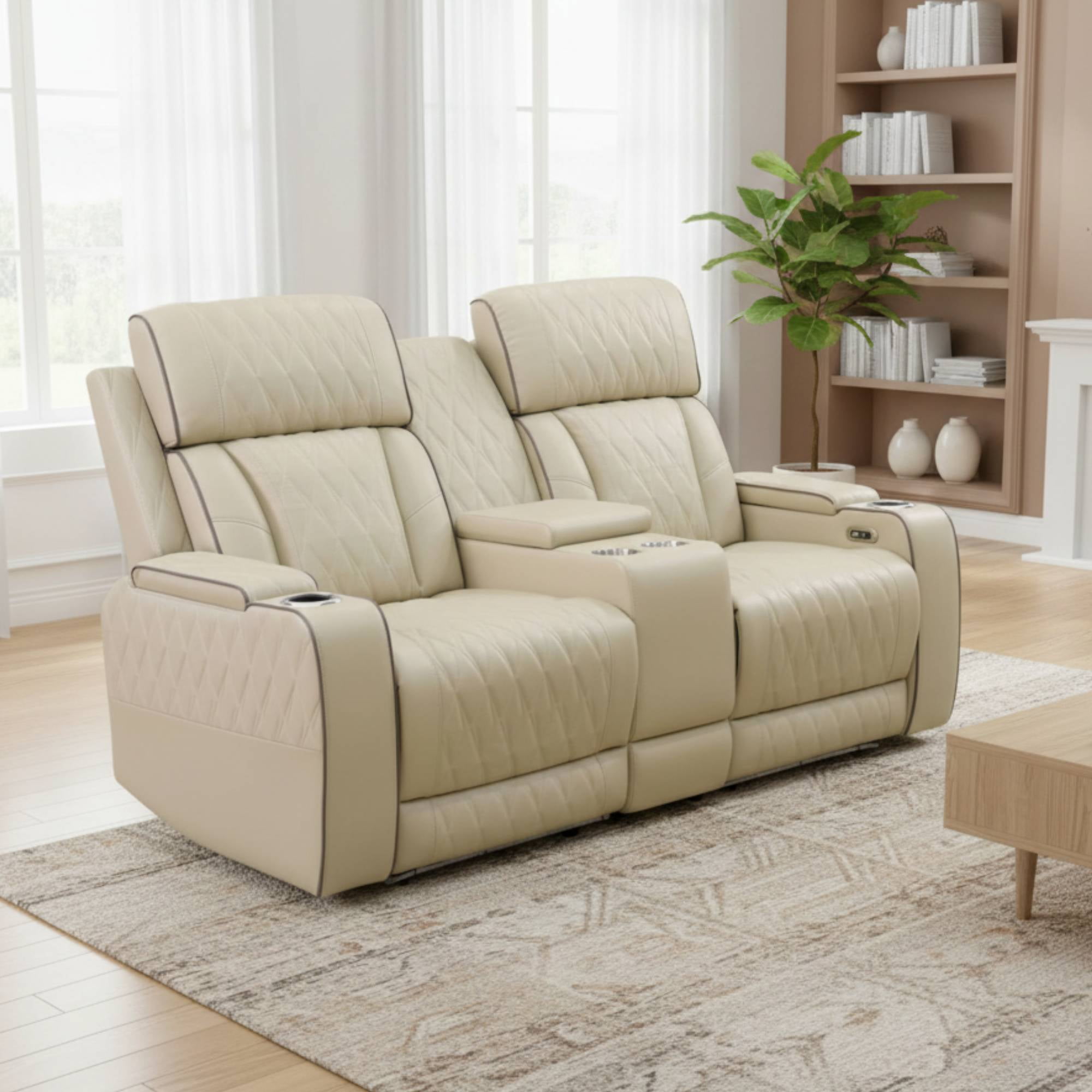 Power Recliner Loveseat Chair Set, Leather 2 Seater Recliner Sofa Couch, Adjustable Power Reclining Sofa Chair for Living Room, Beige