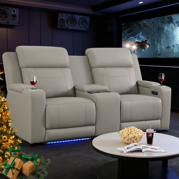 Power Recliner Loveseat, Home Theater Seating with Adjustable Headrest, Blue LED Lighting, Wireless Charging, USB, Type-C, PU Leather Reclining Sofa