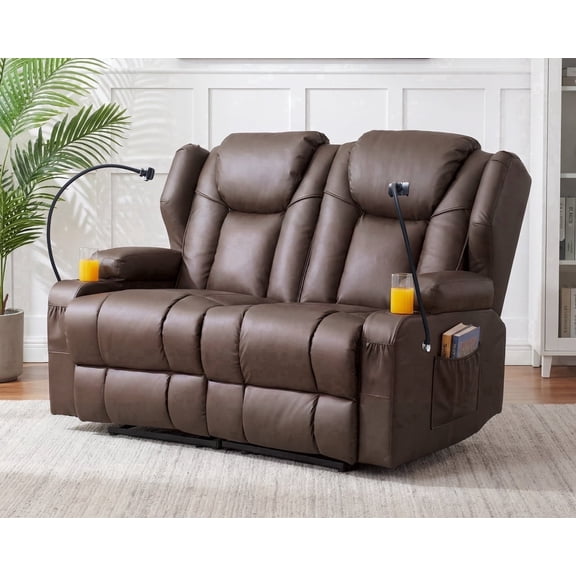 ROOMARK Manual Recliner Loveseat with Heat & Massage, PU Leather Reclining Sofa, Oversized Home Theater Loveseat for Living Room (Loveseat)