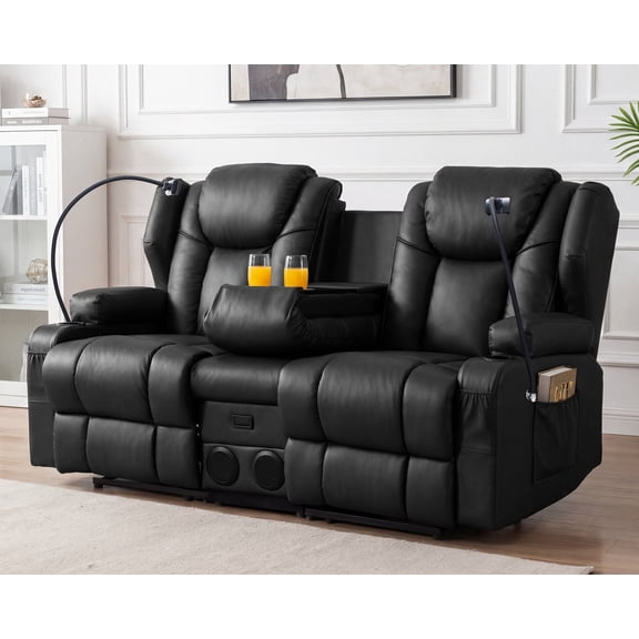 Power Recliner Loveseat with Massage, Heat & Speakers, Leather Reclining Sofa with Center Console, USB Type-C Port, Oversized Home Theater Loveseat for Living Room (Loveseat with Console)