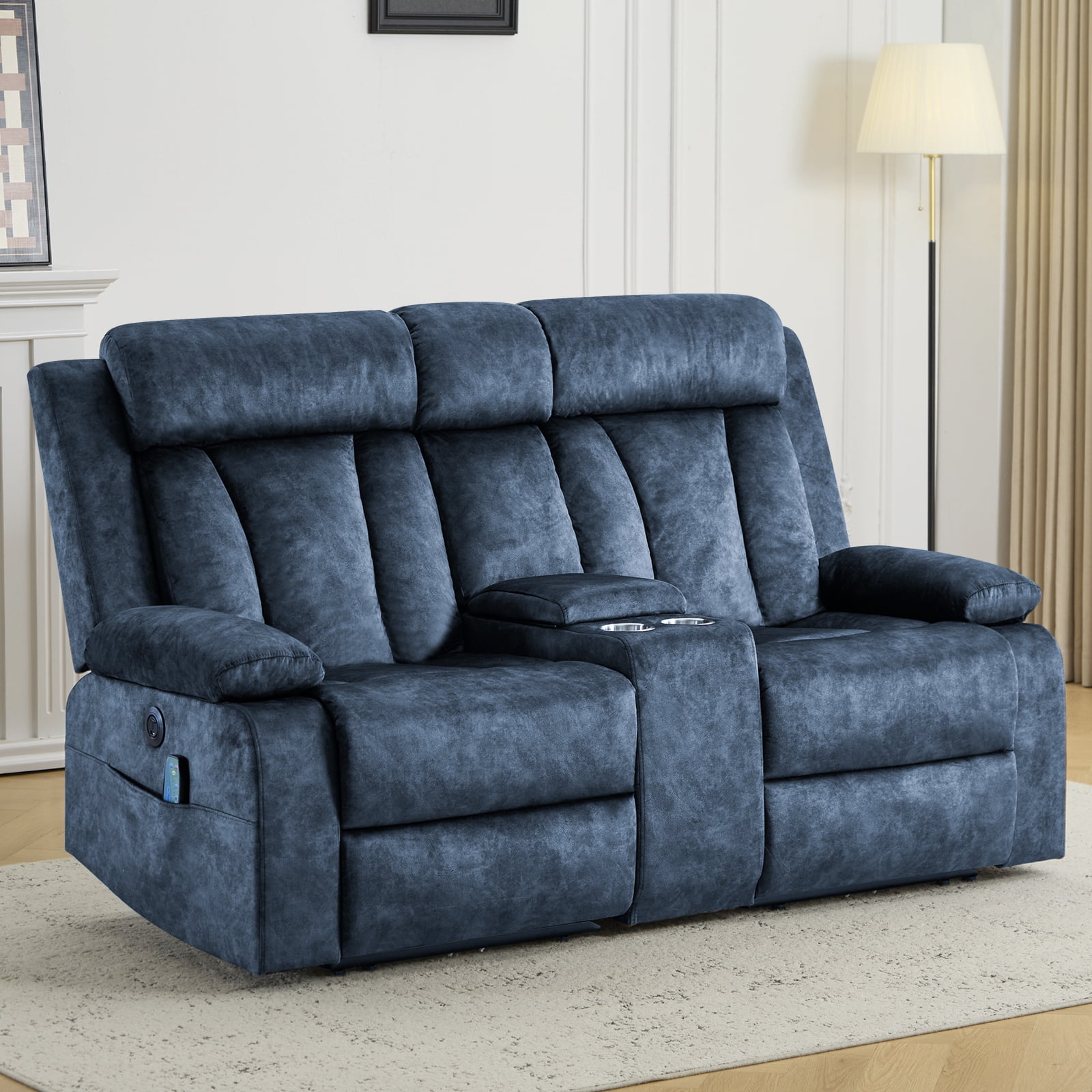 Power Recliner Loveseat Sofa with Console Storage, Heat & Massage, Reclining Sofa Couch with Cup Holders, USB & Type-C Ports, Dutch Velvet Recliner Couch for Living Room, RV,Office,Apartment