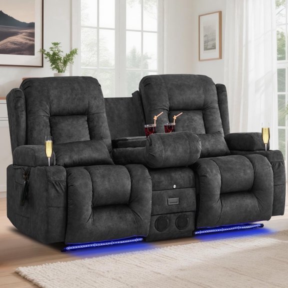 IPKIG Velvet Power Reclining Loveseat with Massage, Heat, Console and LED Lights, Gray