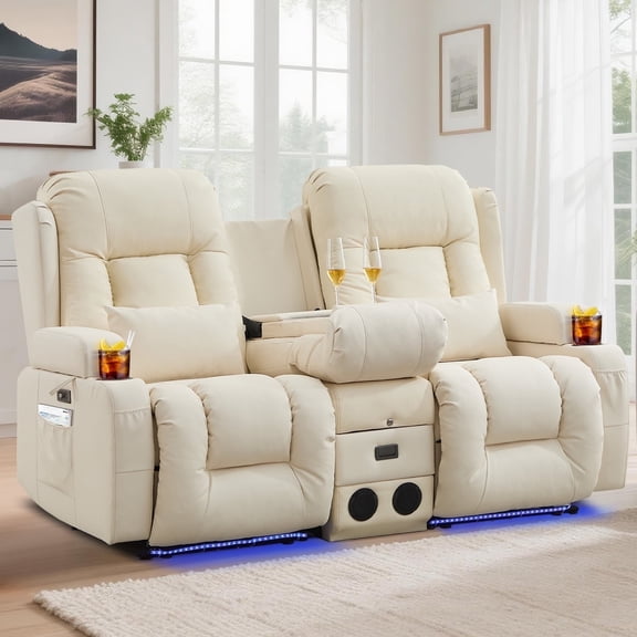 IPKIG Power Recliner Loveseat with Massage and Heat, Beige Faux Leather Home Theater Sofa with Bluetooth, LED Lights, and Console