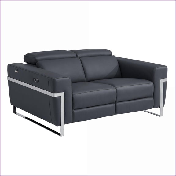 Power Recliner Loveseat with USB Charger, Kiln-Dried Hardwood Frame, Chrome Legs | Top Grain Italian Leather | Dark Gray