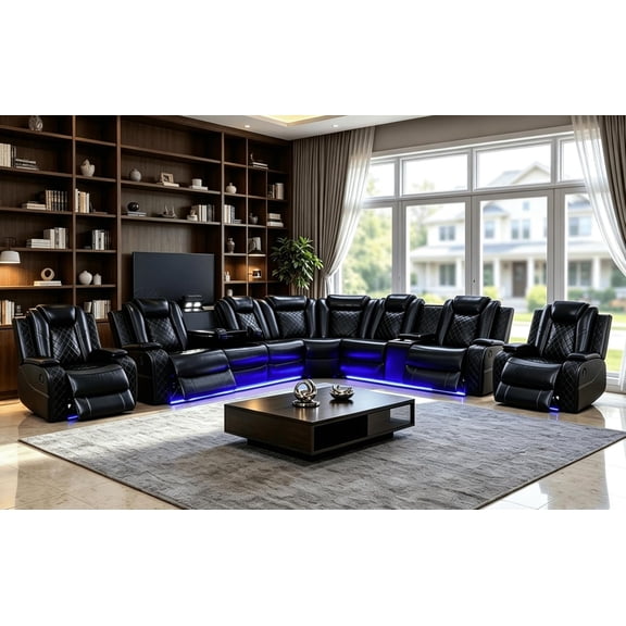 Power Recliner Sectional Couch with LED Light,Leather Sectional Couches Set, Living Room Furniture Sets,Power Reclining Sofa Sets with Cup Holder for Home (Black, Sectional+2Chair)
