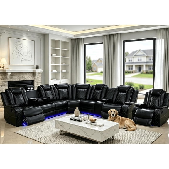 Power Recliner Sectional Couch with LED Light,Leather Sectional Couches Set, Living Room Furniture Sets,Power Reclining Sofa Sets with Cup Holder for Home (Black, Sectional+Chair)