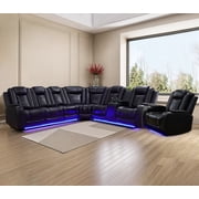 Power Recliner Sectional Couch Set with 3 Recliners for Living Room,Leather Reclining Corner Sectional and Single Chair with Arm Cup Holders,Storage Console for House/Home Theater, Black