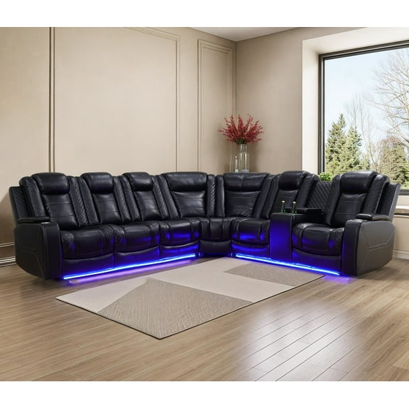 Power Recliner Sectional Couches with Double Recliners for Living Room,Leather Reclining Corner Sectional Sofa with Arm Cup Holders,Storage Console for House/Home Theater, Black