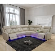 Caberryne Power Recliner Sectional Couch with Double Recliners for Living Room,Leather Reclining Corner Sectional Sofa with Arm Cup Holders,Storage Console for House, Beige