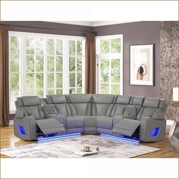 Power Recliner Sectional, Modern with Massage, Bluetooth, LED & Storage - Slate Gray | Gray | Faux Leather