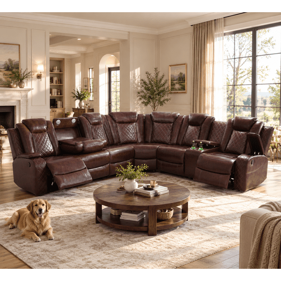 Power Recliner Sectional Sofa with LED, Breathing Leather Power Reclining Sofa Set, Sectional Reclining Couch with USB Port/Cup Holder/Storage for Living Room