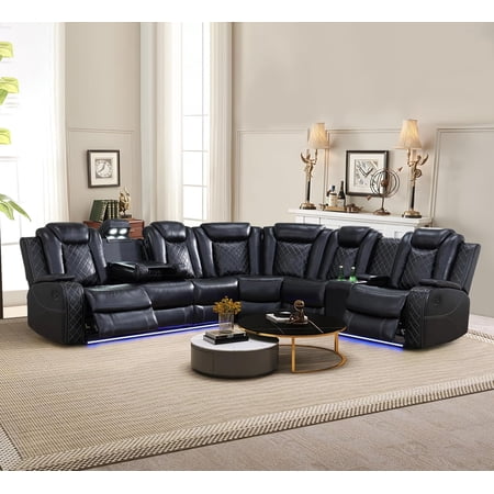 Power Recliner Sectional Sofa with LED Light, Breathing Leather Power Reclining Sofa, Sectional Reclining Couch with USB Port/Cup Holder/Storage for Living Room (Black)