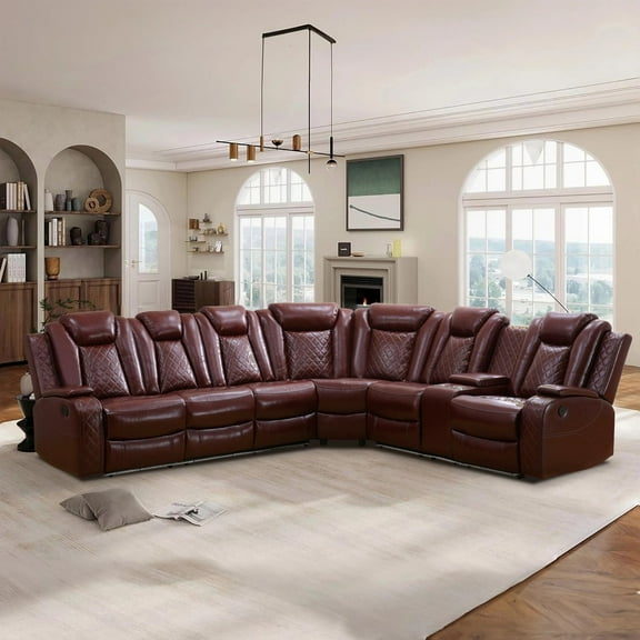 Power Recliner Sectional Sofa with LED Light, Breathing Leather Recliner Sofa Couch with Wireless Charger/Cup Holder for Living Room Home Office Theater (Red)