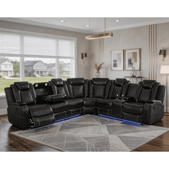 Power Recliner Sectional Sofa with LED Lighting, Breathing Leather Corner Couch with USB and Storage Console, Cup Holders, Reading Light  Home Theater & Living Room Seating (Black)