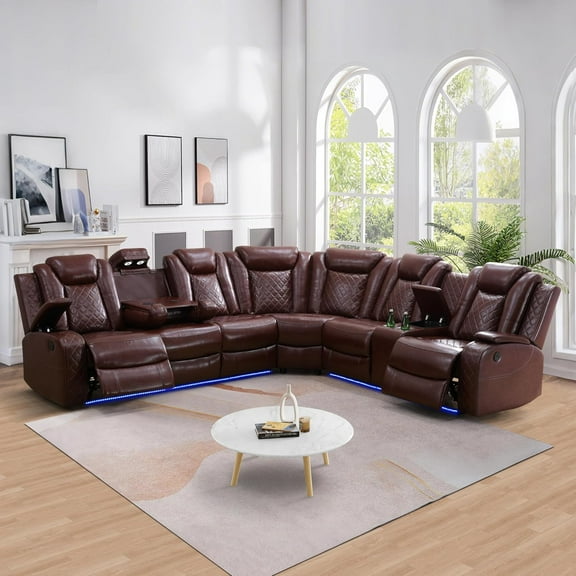 Power Recliner Sectional Sofa with LED, Power Reclining Sectional Couch, Breathing Leather Sofa Couch with USB Port&Cup Holder for Living Room (Wine Red)
