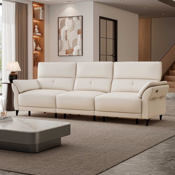 Power Recliner Sectional Sofa, Three-seater Leather Electric Reclining Couch with Adjustable Headrest, Off White Modular Couches with Console for Home and Office