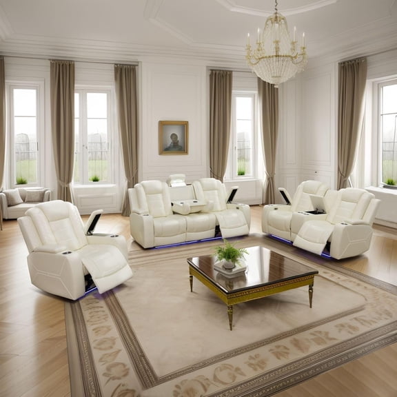 Power Recliner Set with LED Lights, Quilted Air Leather Reclining Set with USB Port/Storage/Cup Holder/Reader Light for House/Home Theater/Apt/Rv/Office (Ivory, 3PC  Set)