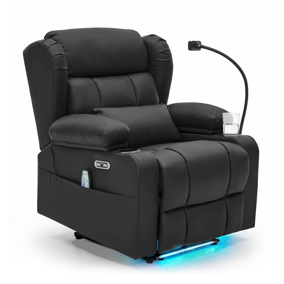 Power Recliner Sofa with 8-Point Massage, Lumbar Heating, LED Strip Light, Cup Holder, Side Pocket, Phone Holder, Reclining Loveseat for Home Theater, Faux Leather, Black