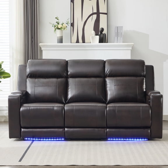Power Recliner Sofa, Home Theater Seating with Adjustable Headrest, Blue LED Lighting, Reclining Loveseat, Flip-Up Backrest Storage, Multi-Port Charger, Cup Holder, USB