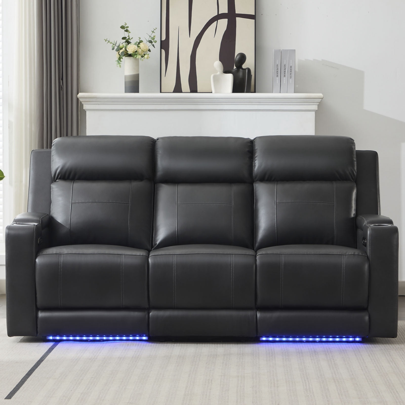 Power Recliner Sofa, Home Theater Seating with Adjustable Headrest, Blue LED Lighting, Reclining Loveseat, Flip-Up Backrest Storage, Multi-Port Charger, Cup Holder, USB