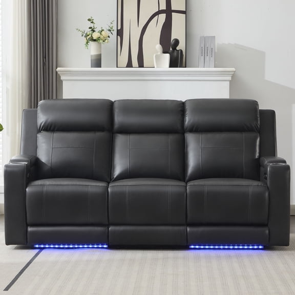 Power Recliner Sofa, Home Theater Seating with Adjustable Headrest, Blue LED Lighting, Reclining Loveseat, Flip-Up Backrest Storage, Multi-Port Charger, Cup Holder, USB