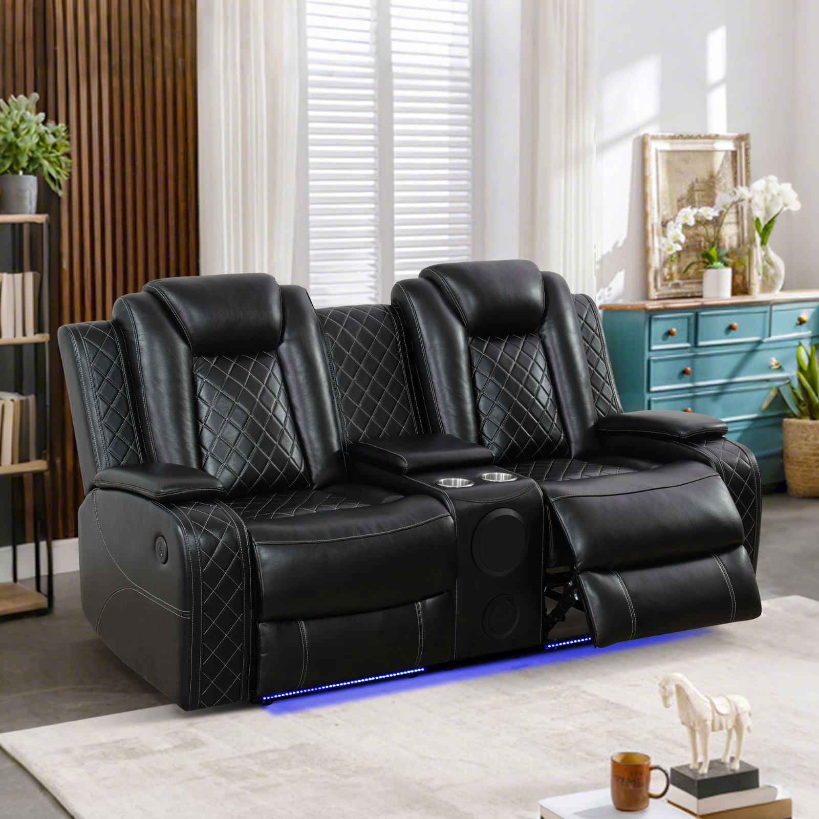 Power Recliner Sofa Loveseat with LED Lights&Speaker, Leather Reclining Sofa Couch,USB Ports & Cup Holders, Home Theater Seating, Black