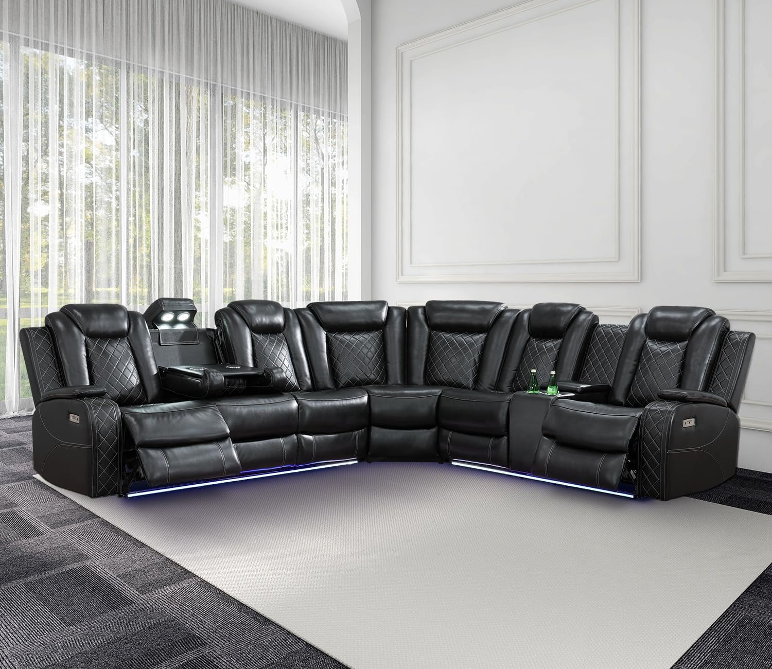 Power Recliner Sofa Sectional Couches with LED Light for Living Room,Leather Reclining Corner Sectional Sofa with 2 Recliner Seats,Cup Holder,Storage Console for Home Theater Seating, Black