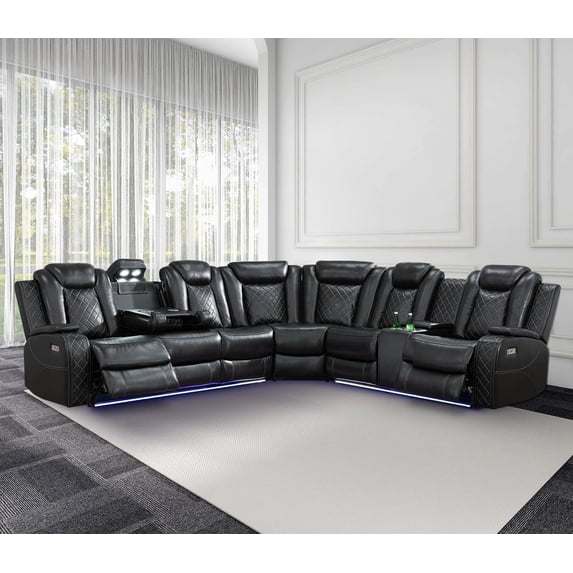 Power Recliner Sofa Sectional Couches with LED Light for Living Room,Leather Reclining Corner Sectional Sofa with 2 Recliner Seats,Cup Holder,Storage Console for Home Theater Seating, Black