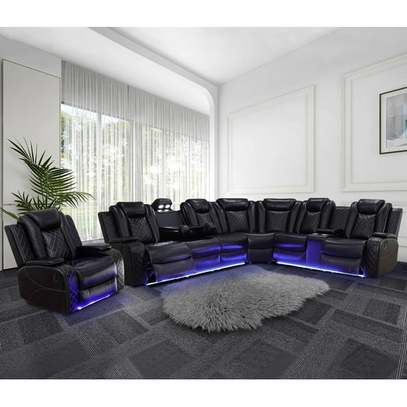 Power Recliner Sofa Sectional Couches with LED Light for Living Room,Leather Reclining Corner Sectional Sofa Set with 3 Recliner Seats,Cup Holder,Storage Console for Home Theater Seating, Black