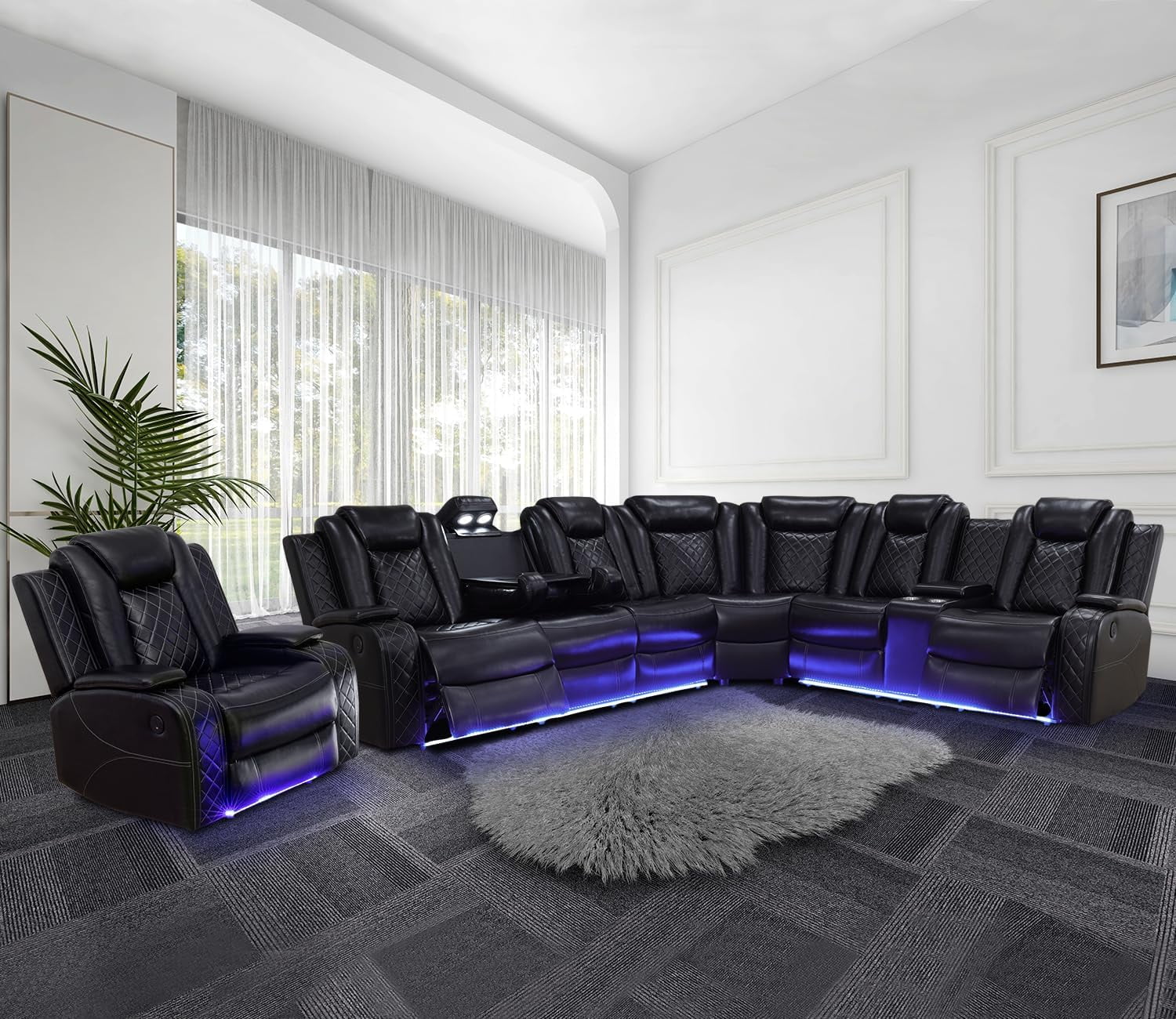 Power Recliner Sofa Sectional Couches with LED Light for Living Room,Leather Reclining Corner Sectional Sofa Set with 3 Recliner Seats,Cup Holder,Storage Console for Home Theater Seating, Black