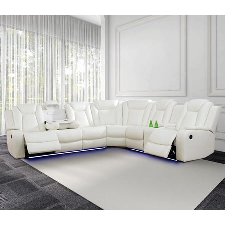 Power Recliner Sofa Sectional, Creamy, Modern, L-Shape, 21.5 x 19.5 inches, 330 lbs Capacity, LED Light, USB Charging, Easy Assembly