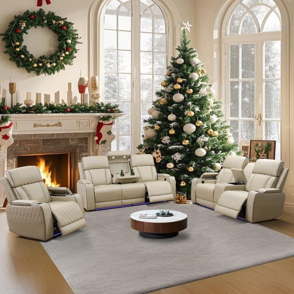 Power Recliner Sofa Set, 3 Piece Breathing Leather Sofa Set, Reclining Couch Loveseat and Chair Furniture with LED/USB Port/Cup Holders for Living Room Home Theater (Khaki)