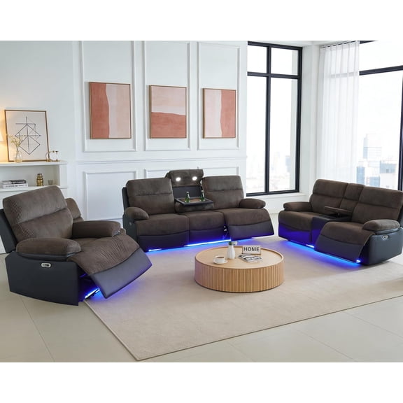 Power Recliner Sofa Set with LED, 3 Piece Living Room Furniture Set, Reclining Couch Set 3 Seat Sofa Loveseat and Chair for Living Room with USB Port/Reading Light/Storage (Brown)
